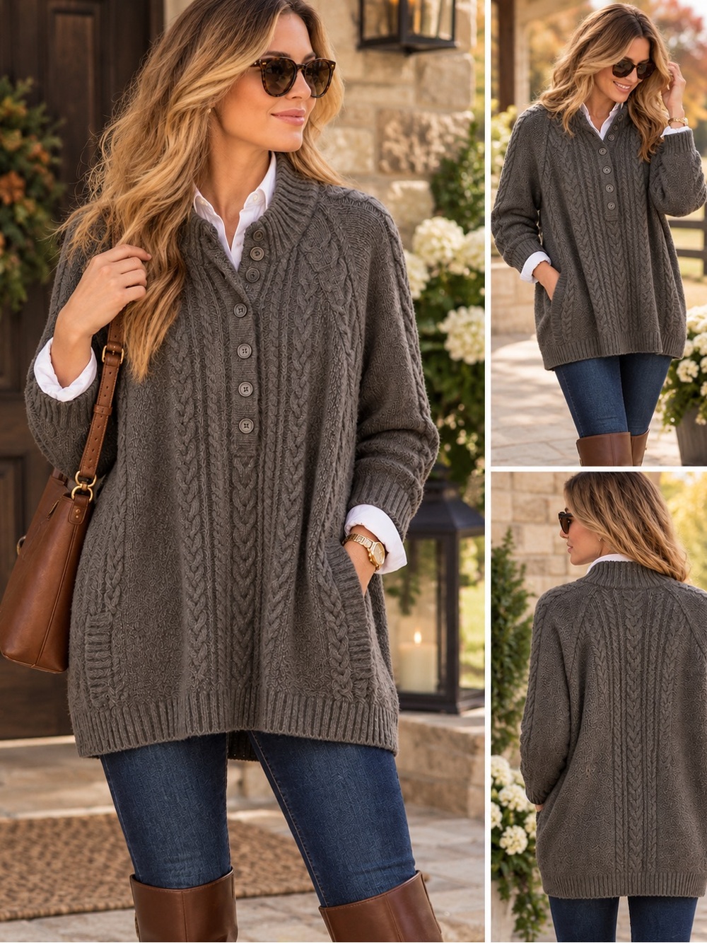 Soft Surroundings Charcoal/Brown Cable-Knit Cottagecore Tunic Sweater 2x